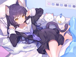 Rule 34 | 1girl, animal, animal ear fluff, animal ears, barefoot, black dress, black hair, book, breasts, cat, cat ears, cat girl, cat tail, commentary request, dress, hair between eyes, hair ornament, hairclip, hands up, indoors, long sleeves, looking at viewer, neckerchief, on bed, original, parted lips, pillow, purple neckerchief, rk (rktorinegi), sailor collar, sailor dress, sleeves past wrists, small breasts, smile, soles, solo, tail, white cat, white sailor collar, yellow eyes