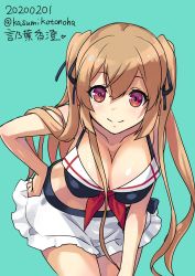 Rule 34 | 1girl, artist name, bikini, black bikini, black ribbon, blue background, breasts, brown eyes, cleavage, dated, hair ribbon, hand on own hip, highres, kantai collection, kotonoha kasumi, large breasts, light brown hair, long hair, murasame (kancolle), ribbon, sailor bikini, sailor collar, simple background, smile, solo, swimsuit, twintails, twitter username