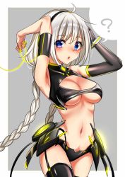 Rule 34 | 1girl, :o, ?, ahoge, alternate costume, arm strap, armor, armpits, arms up, bare shoulders, black gloves, black hairband, black thighhighs, blue eyes, blush, border, bracelet, braid, breasts, cleavage, cleavage cutout, closed eyes, clothing cutout, cowboy shot, crop top, elbow gloves, faulds, fingernails, garter straps, gloves, grey background, grey hair, hairband, holding, jewelry, kizuna akari, long fingernails, long hair, looking back, medium breasts, nail polish, navel, open mouth, revealing clothes, simple background, single elbow glove, single glove, solo, speech bubble, spoken question mark, stomach, thighhighs, twin braids, twintails, underboob, very long hair, vocaloid, voiceroid, white border, yellow nails, yodare (3yami8)