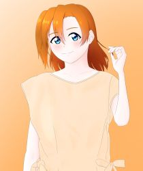 Rule 34 | 10s, 1girl, artist name, blue eyes, blush, breasts, closed mouth, collarbone, female focus, hair between eyes, highres, kosaka honoka, looking at viewer, love live!, love live! school idol project, orange hair, pink shirt, playing with own hair, shirt, side ponytail, small breasts, smile, solo, standing, tied shirt, yagichan1203