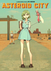 Rule 34 | 3girls, absurdres, ahoge, apron, arm behind back, asteroid city (movie), blonde hair, blue apron, blue eyes, blue sky, blurry, blurry background, blush, bocchi the rock!, brown shorts, cactus, closed mouth, collarbone, collared shirt, commentary, copyright name, cover, day, desert, earrings, english commentary, english text, fake cover, flying, gotoh hitori, green hair, head tilt, helmet, highres, holding, holding menu, holding rope, ijichi nijika, jetpack, jewelry, long hair, long sleeves, looking at viewer, looking to the side, menu, mole, mole on neck, mountain, movie poster, multiple girls, nameplate, neonfloyd, one side up, open mouth, outdoors, parody, pearl earrings, photo background, pink hair, pink track suit, plaid, plaid apron, puffy short sleeves, puffy sleeves, red eyes, road, rope, sasaki tsuguko, shirt, short hair, short sleeves, shorts, side ponytail, sidelocks, sky, sleeve cuffs, smile, standing, straight-on, suspender shorts, suspenders, waitress, white shirt, yellow eyes