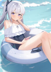 Rule 34 | 1girl, bare legs, bare shoulders, black one-piece swimsuit, blue archive, blush, bow, closed mouth, feet out of frame, frilled one-piece swimsuit, frills, hair bow, hair ribbon, halo, hand on own face, head rest, highres, holding, holding phone, innertube, legs, long hair, looking at viewer, misononasubi, miyako (blue archive), miyako (swimsuit) (blue archive), official alternate costume, one-piece swimsuit, phone, ponytail, purple eyes, ribbon, sitting, solo, swim ring, swimsuit, thighs, water, white hair