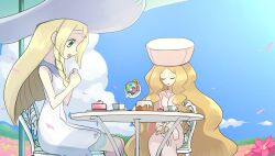 Rule 34 | 2girls, asamaru1225, blonde hair, caitlin (pokemon), chair, closed eyes, cloud, commentary request, creatures (company), cup, day, dress, eyelashes, falling petals, field, flower, flower field, game freak, gen 8 pokemon, green eyes, hands up, hat, highres, lillie (pokemon), long hair, multiple girls, nintendo, open mouth, outdoors, parted bangs, petals, pink dress, pink flower, pokemon, pokemon (creature), pokemon bw, pokemon sm, polteageist, saucer, sidelocks, sitting, sky, sleeping, smile, table, teacup, teapot, umbrella, very long hair, white dress