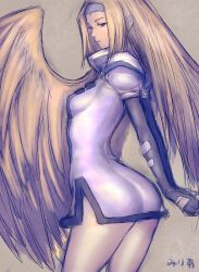 Rule 34 | 1girl, angel wings, arc system works, ass, blonde hair, dress, elbow gloves, fingerless gloves, fumio (rsqkr), gloves, guilty gear, hairband, long hair, looking back, millia rage, short dress, signature, solo, wings