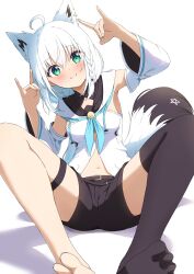 Rule 34 | 1girl, absurdres, ahoge, animal ear fluff, animal ears, aoto mei, barefoot, black shorts, black straps, black thighhighs, blue neckerchief, braid, breasts, detached sleeves, double fox shadow puppet, earrings, fox ears, fox girl, fox shadow puppet, fox tail, green eyes, hair between eyes, highres, hololive, jewelry, legs, long hair, low ponytail, medium breasts, navel, neckerchief, no shoes, pentagram, shirakami fubuki, shirakami fubuki (1st costume), shorts, side braid, simple background, single braid, single earring, single thighhigh, smile, solo, spread legs, tail, thigh strap, thighhighs, toenails, toes, two-tone tail, virtual youtuber, white background, white hair, wide sleeves