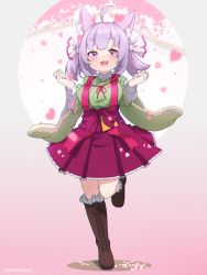 Rule 34 | 1girl, :d, ahoge, animal ear fluff, animal ears, blush, boots, breasts, brown footwear, commentary request, cross-laced footwear, fox ears, frilled boots, frills, full body, green kimono, hair ribbon, highres, japanese clothes, kimono, knee boots, komari channel, kuro kosyou, lace-up boots, long sleeves, looking at viewer, medium breasts, open mouth, petals, pleated skirt, puffy long sleeves, puffy sleeves, purple eyes, purple hair, purple skirt, ribbon, sakura komari, skirt, smile, solo, standing, standing on one leg, suspender skirt, suspenders, virtual youtuber, white ribbon, wide sleeves