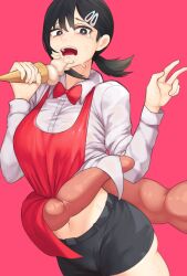 Rule 34 | 1girl, apron, ass, black hair, bow, bowtie, cameltoe, chainsaw devil, chainsaw man, collared shirt, food, food on face, hair ornament, hairclip, higashiyama kobeni, highres, holding food, holding ice cream, ice cream, looking at viewer, medium hair, midriff peek, mole, mole under eye, nyxkz, open mouth, pink background, red apron, red bow, red bowtie, shirt, short ponytail, shorts, simple background, single sidelock, solo focus, sweat, swept bangs, v, white shirt