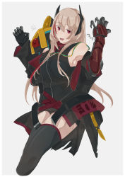 Rule 34 | 1girl, alternate costume, artist name, banana (girls&#039; frontline), black thighhighs, blonde hair, blush, breasts, girls&#039; frontline, hair ornament, highres, long hair, looking at viewer, m4 sopmod ii (girls&#039; frontline), mechanical arms, medium breasts, multicolored hair, open mouth, red eyes, single mechanical arm, solo, sutekina awa, thighhighs, white background