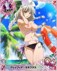 Rule 34 | 1girl, black panties, blue bow, blue sky, bow, breasts, breasts out, card (medium), chess piece, cloud, female focus, grayfia lucifuge, grey eyes, grey hair, hair bow, hat, high school dxd, highres, holding, large breasts, long hair, looking at viewer, matching hair/eyes, navel, nipples, palm tree, panties, queen (chess), red lips, side-tie panties, sky, smile, solo, standing, third-party edit, topless, torn clothes, tree, underwear