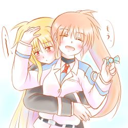 Rule 34 | 2girls, blonde hair, blush, candy, couple, closed eyes, fate testarossa, food, happy, hug, hug from behind, kerorokjy, long hair, looking at another, lowres, lyrical nanoha, mahou shoujo lyrical nanoha, mahou shoujo lyrical nanoha strikers, mahou shoujo lyrical nanoha vivid, military, military uniform, multiple girls, open mouth, orange hair, pout, red eyes, side ponytail, simple background, smile, takamachi nanoha, tongue, translation request, two-tone background, uniform, very long hair, white background, yuri