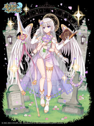 Rule 34 | 1girl, bare shoulders, book, bouquet, braid, character request, copyright name, copyright notice, detached legs, doll joints, extra arms, feathered wings, flower, graveyard, hair flower, hair ornament, hitsuki rei, holding, holding book, holding bouquet, holding polearm, holding weapon, joints, leotard, mahou tsukai to kuroneko no wiz, moss, official art, open book, petals, pink flower, polearm, purple flower, solo, sparkle, spear, tombstone, watermark, weapon, white leotard, white wings, wings