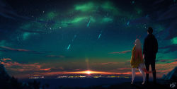 Rule 34 | 1boy, 1girl, absurdres, blonde hair, city lights, cityscape, cloud, couple, from behind, full body, highres, hood, hoodie, horizon, long hair, monster girl, mountain, multicolored hair, night, night sky, original, pointy ears, red hair, scenery, shooting star, signature, sky, standing, star (sky), starry sky, streaked hair, sunrise, tail, two-tone hair, uzzy2801, wide shot, yellow hoodie