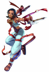 Rule 34 | 1girl, baggy pants, bare shoulders, blade, bladed tonfa, blue hair, breasts, brown eyes, crop top, dark-skinned female, dark skin, dual wielding, flat chest, hair tubes, highres, holding, kawano takuji, midriff, namco, official art, pants, quad tails, ribbon, sandals, small breasts, solo, soul calibur, soulcalibur, soulcalibur iii, talim, toes, tonfa, vambraces, weapon