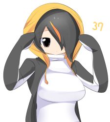 Rule 34 | 1girl, black hair, black jacket, breasts, brown eyes, closed mouth, commentary request, emperor penguin (kemono friends), expressionless, hair between eyes, hair over one eye, headphones, hood, hood up, hooded jacket, jacket, kemono friends, large breasts, lets0020, long bangs, looking at viewer, multicolored hair, numbered, one-piece swimsuit, orange hair, short hair, simple background, solo, streaked hair, swimsuit, upper body, white background, white one-piece swimsuit