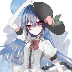 Rule 34 | 1girl, black headwear, blue hair, bow, bowtie, center frills, closed mouth, food, frills, fruit, hand on headwear, highres, hinanawi tenshi, leaf, long hair, looking at viewer, peach, red bow, red bowtie, red eyes, shion 343, short sleeves, simple background, smile, solo, touhou, upper body, white background
