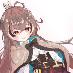 Rule 34 | 1girl, ahoge, belt, brown capelet, brown cloak, brown corset, brown hair, cape, capelet, cloak, corset, dagger, feather hair ornament, feathers, hair ornament, hairclip, hieroglyphics, highres, hololive, hololive english, knife, koyoinacho, lantern, long hair, multicolored hair, nanashi mumei, pleated skirt, ponytail, red skirt, ribbon, shirt, skirt, smile, streaked hair, very long hair, virtual youtuber, weapon, white shirt, yellow eyes