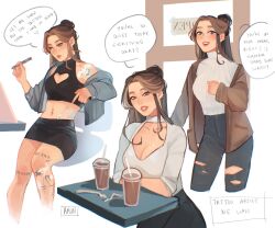 Rule 34 | 1girl, bbybluemochi, brown eyes, choker, cleavage cutout, clothing cutout, coffee, earrings, english text, highres, jacket, jewelry, looking at viewer, open clothes, open jacket, pants, signature, tattoo, tianguan cifu, torn clothes, torn pants, turtleneck, xie lian