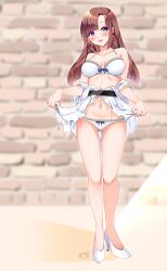 Rule 34 | 1girl, absurdres, artist name, black sash, blue eyes, blurry, blurry background, bow, bow bra, bow panties, bra, breasts, brick wall, brown hair, commentary request, commission, depth of field, dress, earrings, full body, halterneck, high heels, highres, jewelry, kishin douji zenki, long hair, long sleeves, looking at viewer, medium breasts, navel, off shoulder, open mouth, origami aya, panties, sash, signature, skeb commission, smile, solo, standing, torn clothes, torn dress, underwear, white bra, white dress, white panties