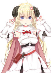 Rule 34 | 1girl, absurdres, ahoge, arm cuffs, bag, blush, breasts, brooch, cape, commentary, cowboy shot, detached sleeves, dress, fur-trimmed dress, fur-trimmed sleeves, fur trim, hair between eyes, hair ornament, hair ribbon, hairclip, handbag, highres, hololive, horns, jewelry, long hair, looking at viewer, medium breasts, noah pi, pink cape, purple eyes, red ribbon, ribbed sleeves, ribbon, sheep horns, simple background, solo, tsunomaki watame, tsunomaki watame (1st costume), virtual youtuber, white background, white dress