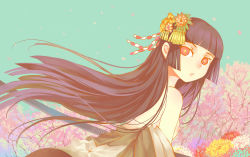 Rule 34 | 1girl, black hair, blue sky, blunt bangs, breasts, bright pupils, cherry blossoms, day, enma ai, floating hair, flower, from behind, from side, hair flower, hair ornament, hime cut, japanese clothes, jigoku shoujo, kimono, long hair, looking at viewer, looking to the side, madcocoon, nipples, off shoulder, outdoors, parted lips, red eyes, sky, small breasts, solo, tree, yellow pupils