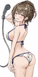 Rule 34 | 1girl, absurdres, ass, bikini, blush, breasts, brown hair, butt crack, commentary request, highres, idolmaster, idolmaster shiny colors, kuwayama chiyuki, large breasts, looking at viewer, looking back, masuku (saint mask), median furrow, shower head, side-tie bikini bottom, sideboob, simple background, smile, solo, swimsuit, water drop, wet, wet hair, white background, white bikini