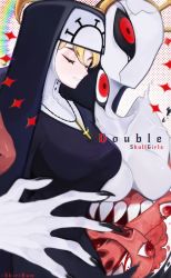 Rule 34 | 1girl, blonde hair, breasts, character name, cross, cross necklace, crown, double (skullgirls), dual persona, extra eyes, closed eyes, habit, highres, jewelry, large breasts, monster girl, necklace, nun, red eyes, shiribum, skullgirls, solo, upper body