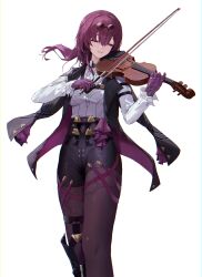 Rule 34 | 1girl, absurdres, black footwear, black jacket, boots, commentary, eyewear on head, feet out of frame, gloves, half-closed eyes, high-waist shorts, highres, holding, holding instrument, holding violin, honkai: star rail, honkai (series), instrument, jacket, jacket on shoulders, jewelry, kafka (honkai: star rail), long sleeves, looking to the side, medium hair, multiple rings, music, pantyhose, pantyhose under shorts, parted lips, playing instrument, purple gloves, purple hair, purple pantyhose, ring, shirt, shorts, simple background, single thigh boot, smile, solo, spider web print, thigh boots, toi1et paper, violin, white background, white shirt