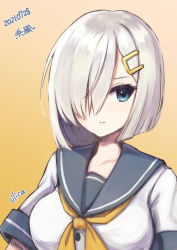 Rule 34 | 1girl, blue eyes, blue sailor collar, blush, breasts, character name, closed mouth, dated, gradient background, hair ornament, hair over one eye, hairclip, hamakaze (kancolle), kantai collection, large breasts, one-hour drawing challenge, sailor collar, school uniform, serafuku, short hair, short sleeves, signature, silica (silica silylate), simple background, solo, white hair, yellow background, yellow neckwear