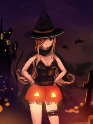 Rule 34 | 1girl, brown eyes, brown hair, coffee-kizoku, hair over one eye, halloween, hat, jack-o&#039;-lantern, pumpkin, solo, witch, witch hat