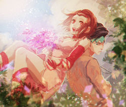 Rule 34 | 1boy, 1girl, bad id, bad pixiv id, bare shoulders, black hair, breasts, brown hair, dress, flower, hairband, highres, jewelry, jojo no kimyou na bouken, kishibe rohan, looking at viewer, necklace, noriuma, open mouth, smile, sugimoto reimi