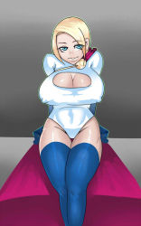Rule 34 | 1girl, blonde hair, blue eyes, boots, breasts, cape, cleavage, cleavage cutout, clothing cutout, dc comics, covered erect nipples, highres, large breasts, power girl, short hair, thigh boots, thighhighs, zxc