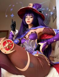 Rule 34 | 1girl, blue eyes, breasts, brown pantyhose, cosplay, crossed legs, genshin impact, gloves, hat, highres, large breasts, lips, looking at viewer, mona (genshin impact), pantyhose, photo (medium), pupboicarti, purple hair, real life, serious, sitting, solo, source request, witch hat
