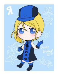 Rule 34 | 1girl, alternate costume, aqua background, artist name, artist request, ayase eli, bare shoulders, black pantyhose, blonde hair, blue dress, blue eyes, blue footwear, blue gloves, blue hat, blue skirt, blush, boots, breasts, buttons, chibi, cosplay, crossover, dress, elizabeth (persona), elizabeth (persona) (cosplay), female focus, full body, gloves, hair between eyes, hand wave, hat, high ponytail, knee boots, long hair, looking at viewer, love live!, love live! school idol project, miniskirt, pantyhose, parted lips, peaked cap, persona, persona 3, plaid, plaid dress, plaid skirt, pleated, pleated dress, pleated skirt, ponytail, short hair, sideboob, skirt, sleeveless, sleeveless dress, small breasts, smile, solo, star (symbol)