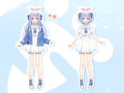 Rule 34 | 1girl, 2021, :d, bare legs, blue footwear, blue jacket, blue ribbon, bow hairband, carrot hair ornament, character name, choker, dress, unworn eyewear, food-themed hair ornament, full body, hair ornament, hair ribbon, hairband, heart, heart-shaped eyewear, highres, hololive, jacket, long hair, long sleeves, looking at viewer, multicolored hair, multiple views, official art, open clothes, open jacket, open mouth, rabbit-shaped eyewear, red eyes, ribbon, sailor collar, shoes, short eyebrows, short hair, short sleeves, sleeves past wrists, smile, streaked hair, sunglasses, teeth, thick eyebrows, two side up, upper teeth only, usada pekora, usada pekora (casual), very long hair, virtual youtuber, white choker, white dress, white hair, white sailor collar, yuuki hagure
