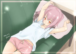 Rule 34 | 1girl, blush, breasts, brown hair, collarbone, couch, dated, food, fyuo, highres, holding, holding pillow, kantai collection, kunashiri (kancolle), looking at viewer, lying, mouth hold, multicolored hair, on back, orange eyes, pillow, pink hair, pink shorts, pocky, shirt, short sleeves, shorts, signature, small breasts, solo, two-tone hair, two side up, white shirt