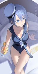 Rule 34 | 1girl, :d, absurdres, bare arms, bare shoulders, belt, belt buckle, blue eyes, blue hair, blue sailor collar, blue one-piece swimsuit, breasts, buckle, casual one-piece swimsuit, cleavage, crossed legs, cup, drink, drinking glass, english text, food, from above, fruit, highres, holding, holding cup, large breasts, lemon, lemon slice, mamima, one-piece swimsuit, open mouth, original, parted lips, sailor collar, short sleeves, sitting, smile, solo, swimsuit, thigh gap, white headwear