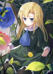 Rule 34 | 1girl, black dress, black pantyhose, blonde hair, blue eyes, blue flower, blue neckwear, blue rose, collared dress, commentary request, dress, flower, highres, ib (kouri), long hair, mary (ib), nishi yasuaki, pantyhose, parted bangs, parted lips, red flower, red rose, rose, signature, skirt basket, solo, very long hair, yellow flower, yellow rose