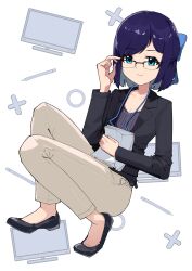 Rule 34 | 1girl, a-chan (2nd costume) (hololive), a-chan (hololive), absurdres, adjusting eyewear, black footwear, black jacket, blue bow, blue eyes, blue hair, bow, brown pants, collarbone, feeq, flat chest, glasses, grey shirt, hand on eyewear, highres, holding, holding paper, hololive, jacket, looking at viewer, monitor, office lady, official alternate costume, pants, paper, pencil, shirt, short hair, slippers, smile, solo, virtual youtuber
