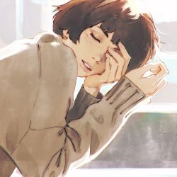 Rule 34 | 1girl, brown hair, closed eyes, commentary, english commentary, hand over eye, highres, ilya kuvshinov, leaning forward, long sleeves, original, parted lips, short hair, solo, sweater, white sweater