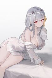 Rule 34 | bandaged head, bandages, breasts, cleavage, closed mouth, commentary, goddess of victory: nikke, grey hair, hair ribbon, hand up, herfstijl, highres, large breasts, long hair, long sleeves, looking at viewer, modernia (first affection) (nikke), modernia (nikke), naked shirt, off shoulder, red eyes, ribbon, see-through, see-through shirt, shirt, simple background, single bare shoulder, sitting, sleeves past fingers, sleeves past wrists, thighs, wet, wet clothes, wet shirt, white background, white shirt, yellow ribbon