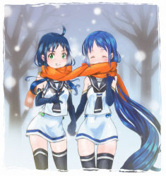 Rule 34 | 10s, 2girls, ahoge, bare shoulders, blue hair, commentary request, covered mouth, elbow gloves, closed eyes, gloves, green eyes, grin, holding hands, kantai collection, kikisuke t, long hair, looking at viewer, multiple girls, neckerchief, orange scarf, outdoors, samidare (kancolle), scarf, school uniform, serafuku, shared clothes, shared scarf, shirt, skirt, sleeveless, sleeveless shirt, smile, snowing, suzukaze (kancolle), thighhighs, tree, twintails, v, very long hair, white skirt, winter, zettai ryouiki