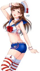 Rule 34 | 1girl, anchor necklace, arm up, bikini, bikini top only, blue sailor collar, blue shorts, bow, bowtie, breasts, brown hair, choker, cleavage, collarbone, cowboy shot, floating hair, from side, gen (enji), hat, hat bow, highres, idolmaster, idolmaster cinderella girls, jewelry, long hair, medium breasts, necklace, nitta minami, red bow, red bowtie, sailor bikini, sailor collar, sailor collar lift, short shorts, shorts, sideboob, simple background, solo, standing, straight hair, striped clothes, striped thighhighs, swimsuit, thighhighs, twitter username, white background, white bikini, white choker, white hat, wrist cuffs, zettai ryouiki