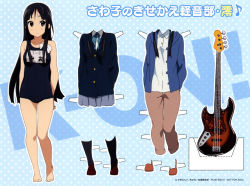 Rule 34 | 1girl, akiyama mio, barefoot, bass guitar, black eyes, black hair, highres, hood, hoodie, instrument, k-on!, legs, long hair, object in clothes, object in swimsuit, official art, one-piece swimsuit, paper doll, scan, school swimsuit, school uniform, skirt, solo, swim cap, swimsuit