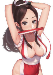 Rule 34 | 1girl, absurdres, armpits, arms behind head, arms up, breasts, brown eyes, brown hair, commentary, fatal fury, folded fan, folding fan, hand fan, highres, holding, holding fan, large breasts, looking at viewer, nanja, ninja, pelvic curtain, ponytail, revealing clothes, shiranui mai, sideboob, solo, the king of fighters, white background