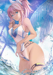 Rule 34 | 1girl, blue eyes, breasts, cleavage cutout, clothing cutout, hair between eyes, hanasakuraya, highres, large breasts, looking at viewer, one-piece swimsuit, palm tree, pink hair, ponytail, shionne (tales), solo, standing, standing on liquid, swimsuit, tales of (series), tales of arise, tree, water