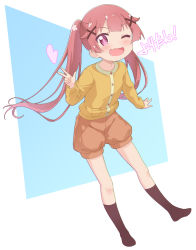 Rule 34 | 1girl, ;d, blue background, blush, brown hair, brown shorts, brown socks, commentary request, fang, full body, hair ornament, heart, jigatei (omijin), long hair, long sleeves, looking at viewer, no shoes, one eye closed, open mouth, puffy shorts, purple eyes, shirt, short shorts, shorts, smile, socks, solo, tanemura koyori, translation request, twintails, two-tone background, very long hair, w, watashi ni tenshi ga maiorita!, white background, x hair ornament, yellow shirt