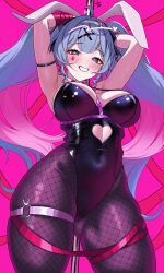 Rule 34 | 1girl, alternate breast size, animal ears, armpits, arms up, black leotard, blue eyes, blue hair, blush, breasts, cuffs, detached collar, fake animal ears, grin, hair ornament, handcuffs, hatsune miku, highres, jungtong, large breasts, leotard, long hair, looking at viewer, pantyhose, playboy bunny, pole, rabbit ears, rabbit hole (vocaloid), smile, solo, stripper pole, twintails, vocaloid, x hair ornament