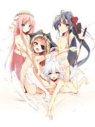 Rule 34 | 4girls, animal ears, blush, breasts, eyepatch, flat chest, long hair, looking at viewer, multiple girls, nipples, nude, okino ryuuto, open mouth, original, purple eyes, red eyes, simple background, smile, sword, tail, thighhighs, very long hair, weapon