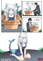 Rule 34 | 1girl, animal ears, blue eyes, blue hair, box, cardboard box, cat ears, comic, english text, fins, fish tail, for adoption, gawr gura, gawr gura (casual), grey hair, hair over eyes, highres, hololive, hololive english, hood, hoodie, in box, in container, lsketchu, multicolored hair, official alternate costume, pants, shark tail, streaked hair, tail, teeth, virtual youtuber
