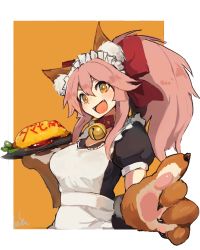 Rule 34 | &gt;:d, :d, alternate costume, animal ears, animal hands, apron, bell, blush, bow, breasts, character name, collar, enmaided, fangs, fate/grand order, fate (series), food, food request, fox ears, hair between eyes, hair bow, lansane, large breasts, long hair, looking at viewer, maid, maid apron, maid headdress, neck bell, omelet, omurice, open mouth, orange background, pink hair, ponytail, puffy short sleeves, puffy sleeves, red bow, sash, short sleeves, signature, simple background, smile, solo, tamamo (fate), tamamo cat (fate), tamamo cat (second ascension) (fate), tamamo no mae (fate/extra), upper body, v-shaped eyebrows, yellow eyes